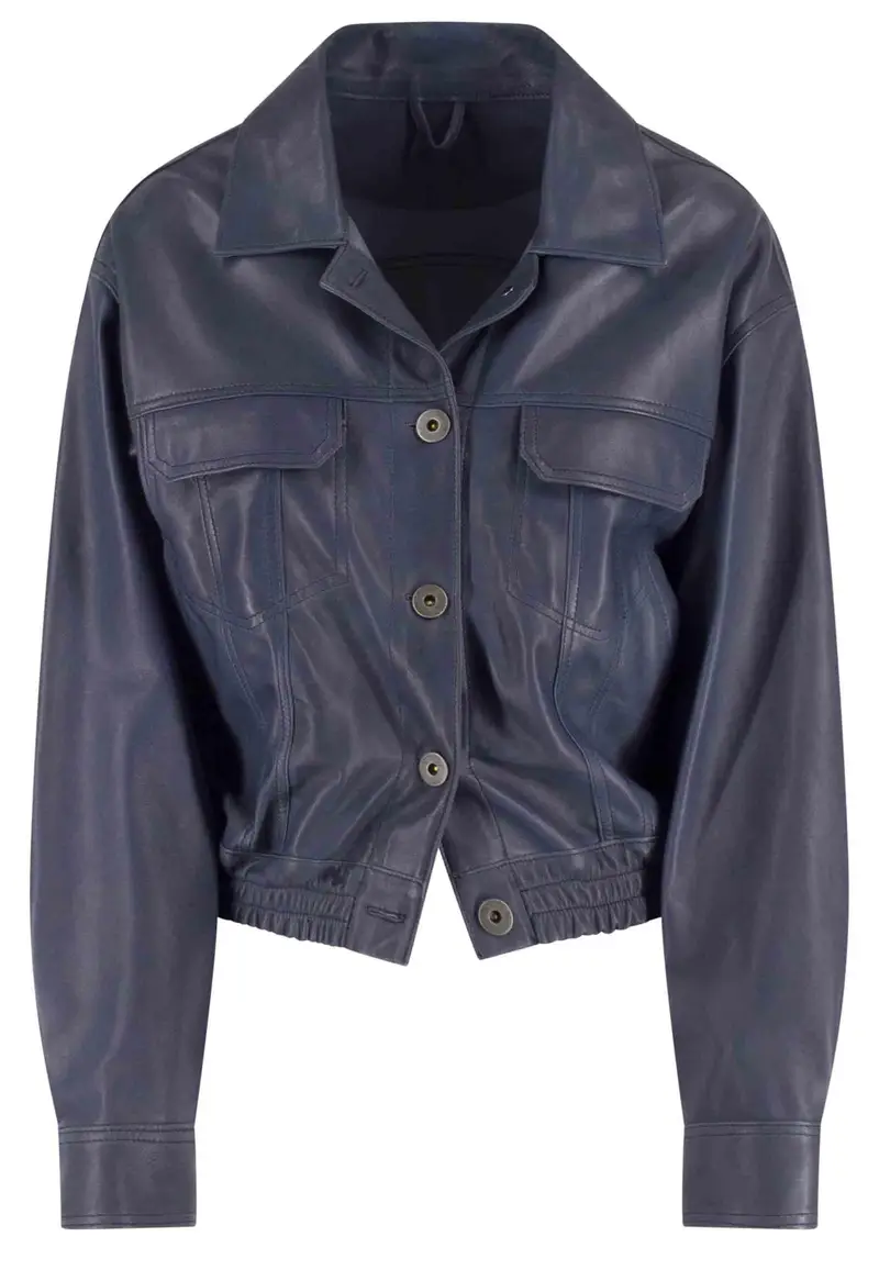 Giubbino bomber corto donna in pelle blu sfoderato con elastico al fondo Donna 2253 002