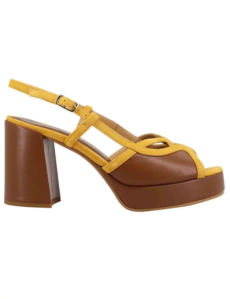 Sandali slingback donna in camoscio giallo e pelle cuoio con tacco alto e plateau Donna SP857 049