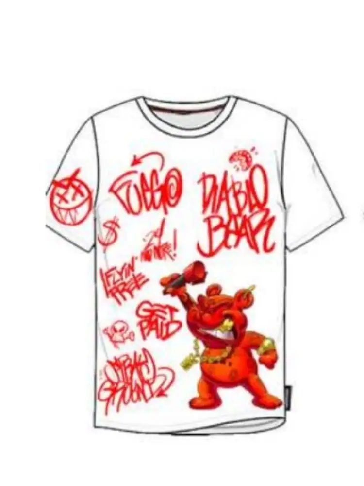 t-shirt in cotone bianco con stampa orso murales