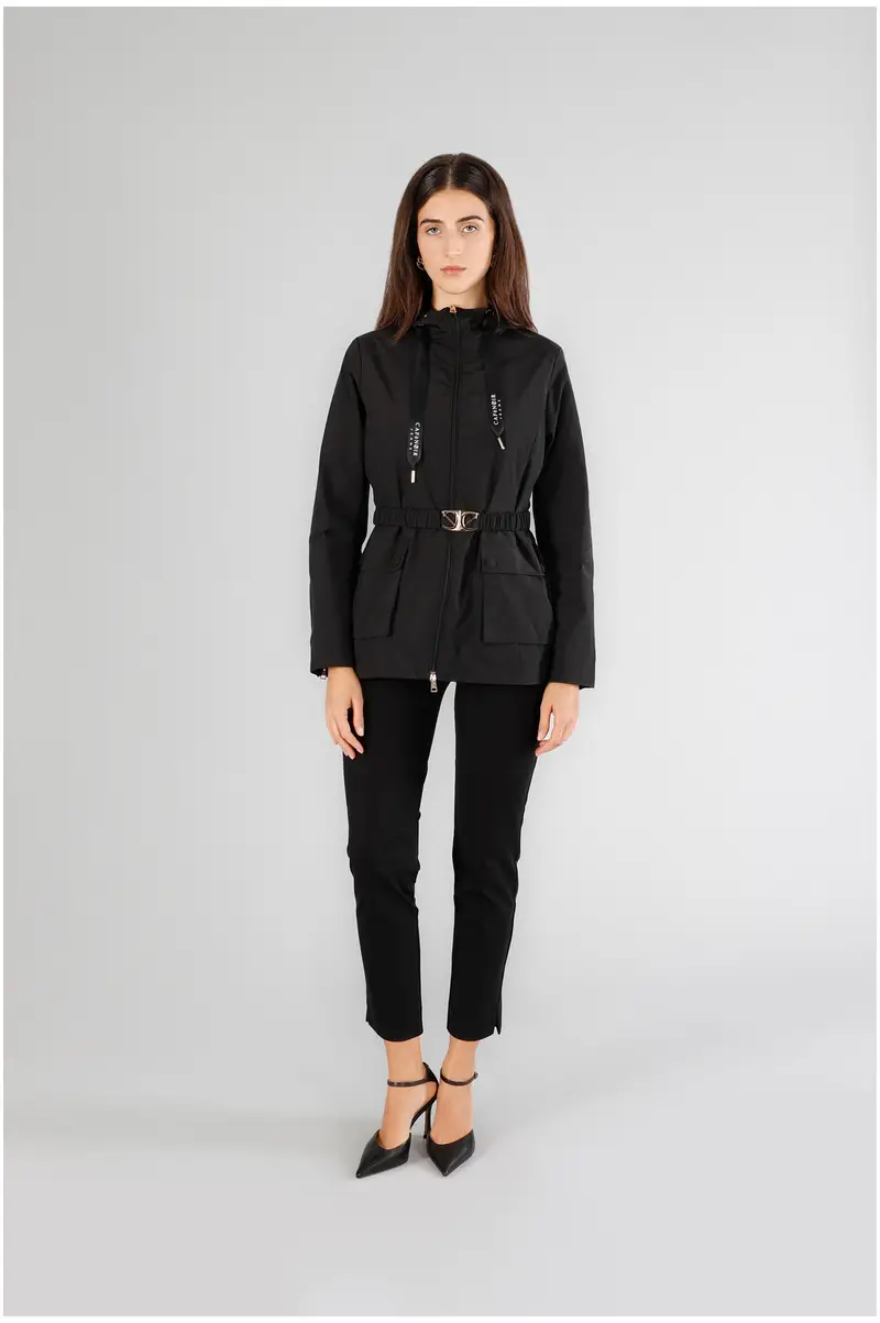 spolverino tecnico con cintura e fibbia logata nero 38