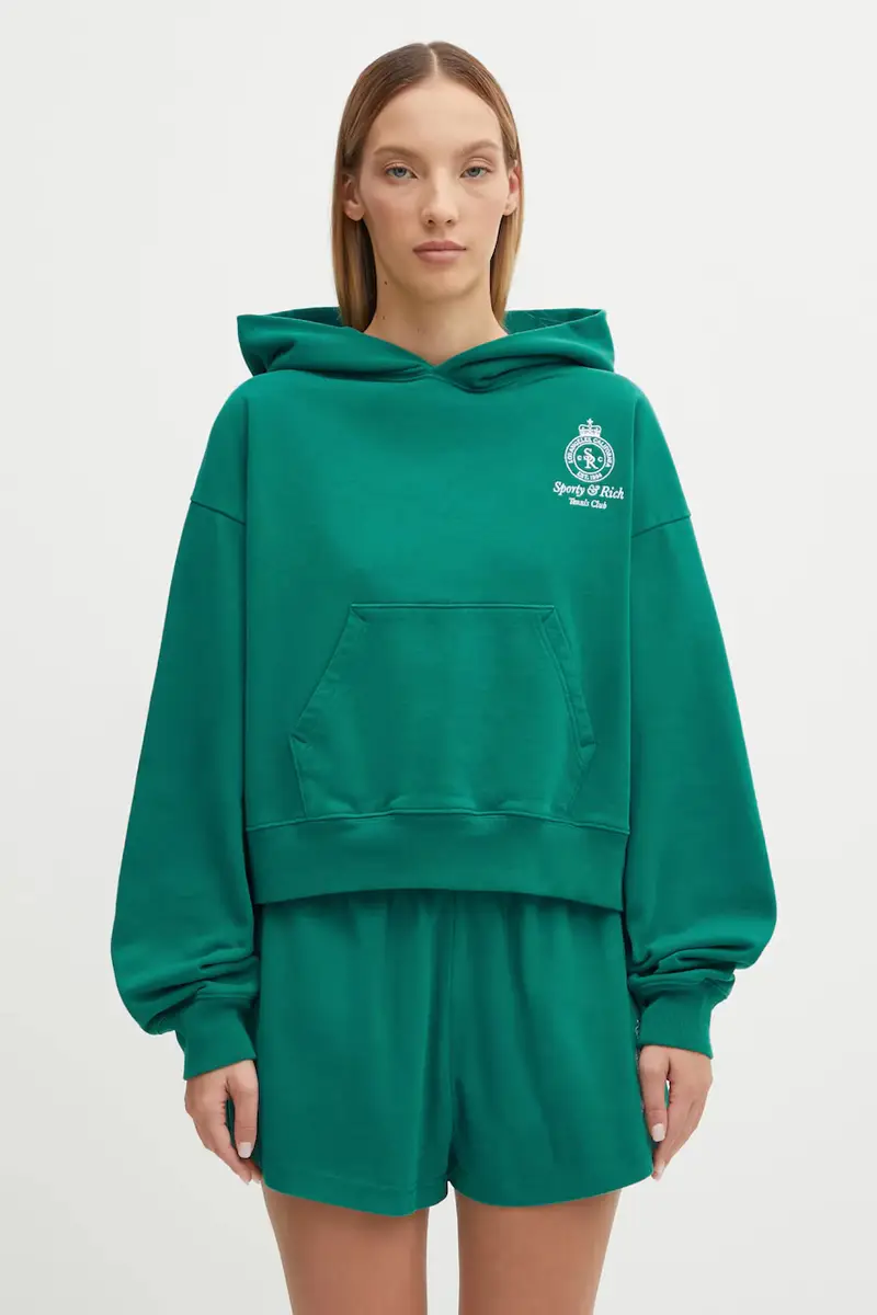 felpa in cotone Crown Tennis Embroidered Cropped donna colore verde con cappuccio con applicazione ST074621426GR03