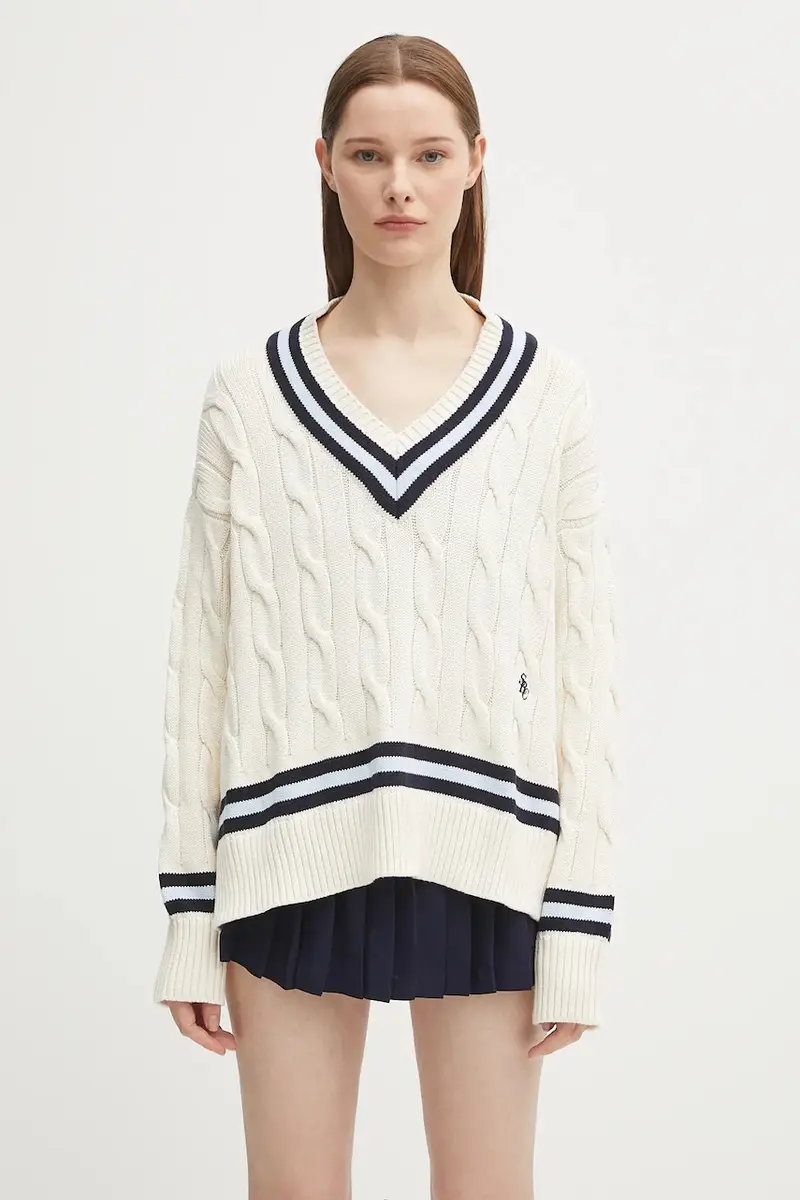 maglione in cotone Src Cableknit V-Neck donna colore beige WS011602302WH38