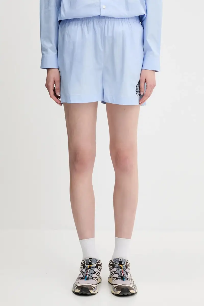 pantaloncini in cotone H&W Crest Poplin donna colore blu con applicazione SH012612302BL59