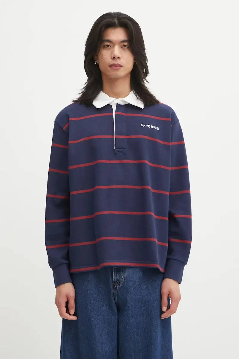 top a maniche lunghe in cotone Serif Logo Rugby colore blu navy TO09562300BL134