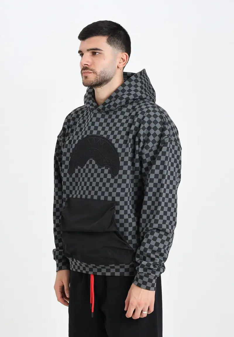 Felpa con cappuccio grigia e nera da uomo rifinita da Shark