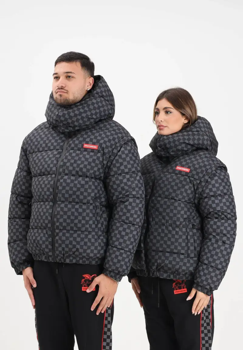 Piumino Drip Check grigio e nero per uomo e donna