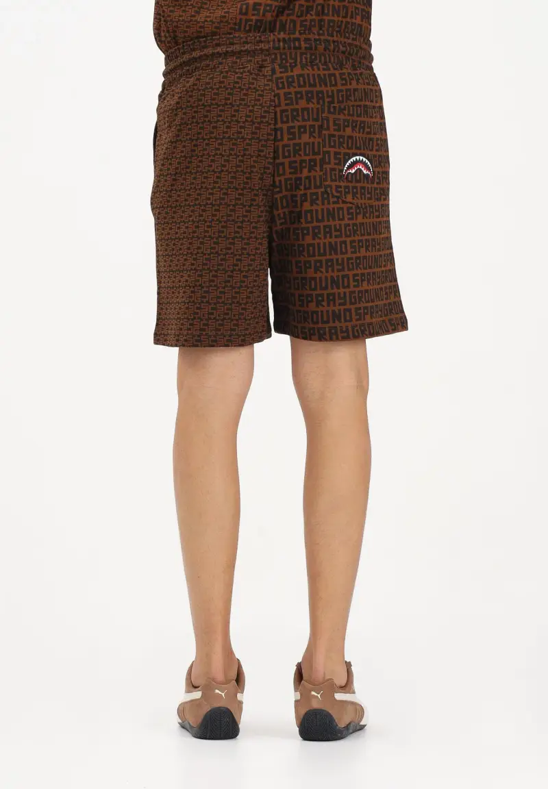Shorts sportivo marrone da uomo con doppia stampa all-over miniatura 3