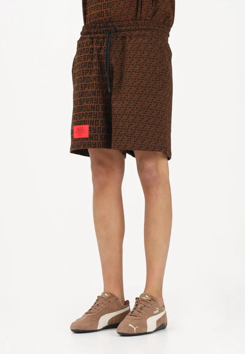 Shorts sportivo marrone da uomo con doppia stampa all-over