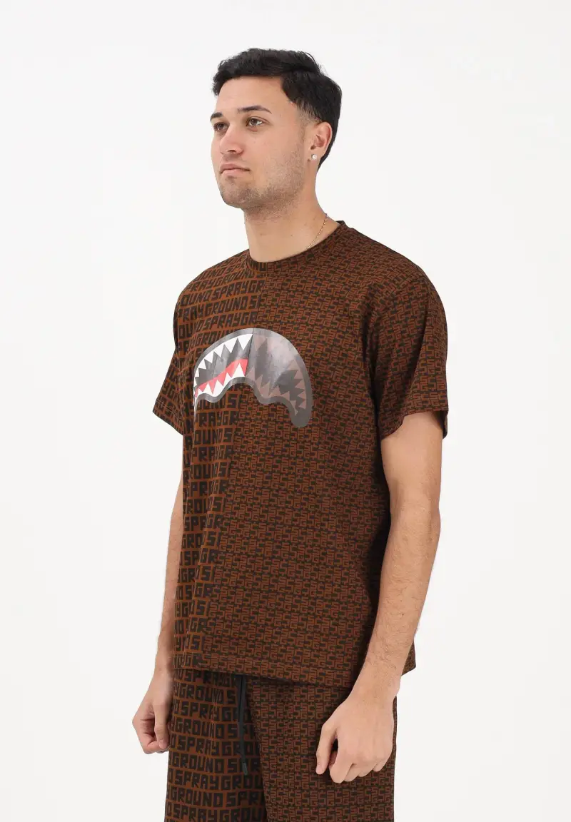 T-shirt a manica corta marrone da uomo con doppia fantasia