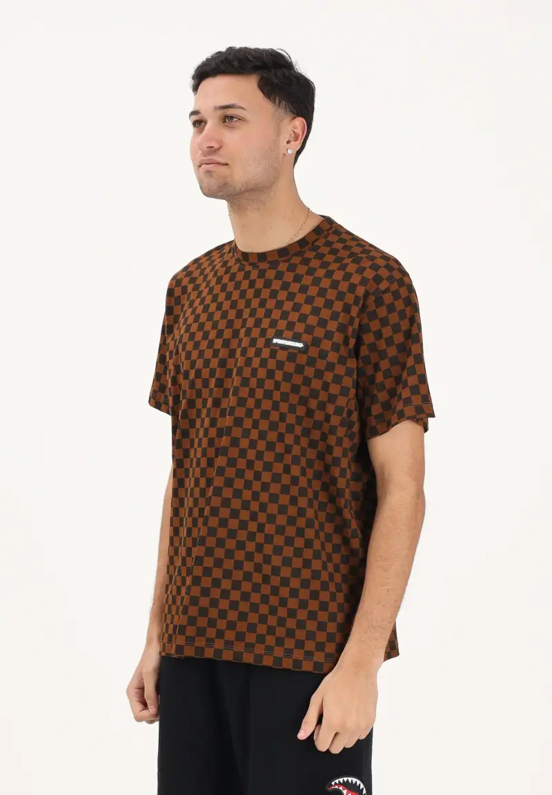 T-shirt a manica corta marrone da uomo con motivo a schacchi