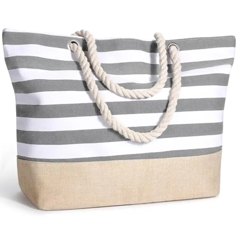 sprecenk Borsa da Spiaggia Mare Donna in Tela, Grande Impermeabile Borsa Tracolla Estivo Beach Tote Bag con Cerniera per Spiaggia Viaggi Shopping Palestra, Grigio Chiaro