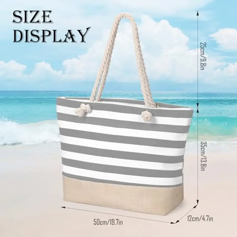 sprecenk Borsa da Spiaggia Mare Donna in Tela, Grande Impermeabile Borsa Tracolla Estivo Beach Tote Bag con Cerniera per Spiaggia Viaggi Shopping Palestra, Grigio Chiaro miniatura 2