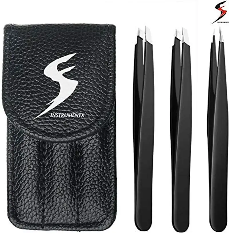 SS INSTRUMENTX Pinzetta Sopracciglia Professionale per Uomini e Donne, Acciaio Inossidabile Punta Inclinata Pinzetta Sopracciglia per Rimozione peli Precisione, Impugnatura Antiscivolo (Nero 3 pezzi)