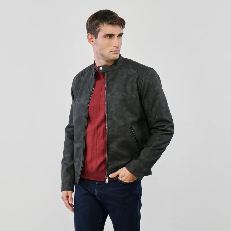 Giacca grigia da uomo in ecopelle con zip