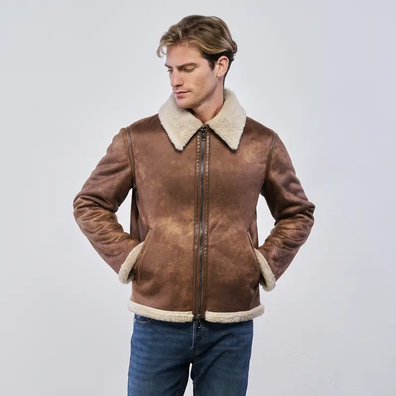 Giacca marrone da uomo modello montone con interno in peluche