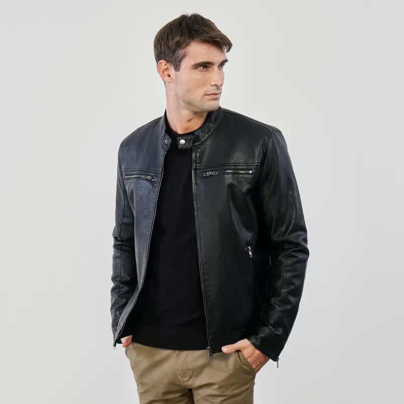 Giacca nera da uomo in ecopelle con zip