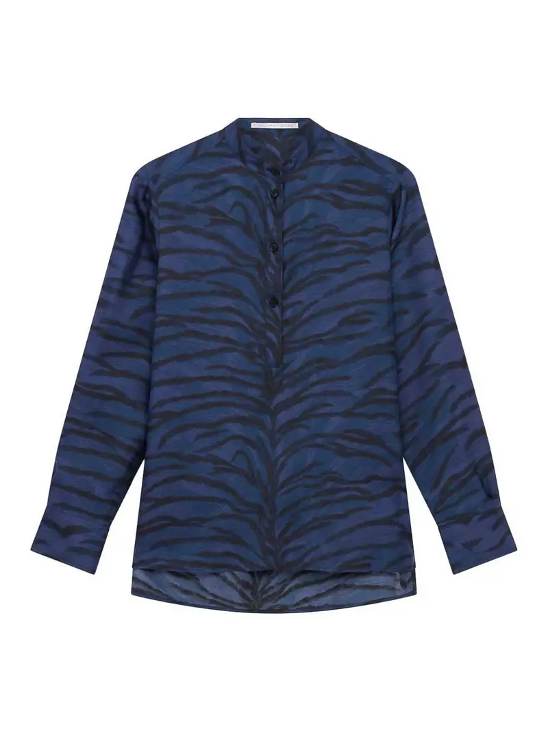 Camicia Con Collo Alla Coreana E Stampa Tigre Blu scuro