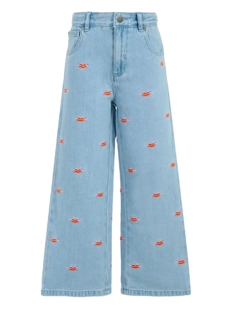 Jeans in Cotone Biologico con Ricamo Labbra Avio