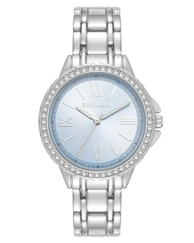 Steve Madden Orologio da donna con cinturino in vero cristallo, Azzurro chiaro/Argento