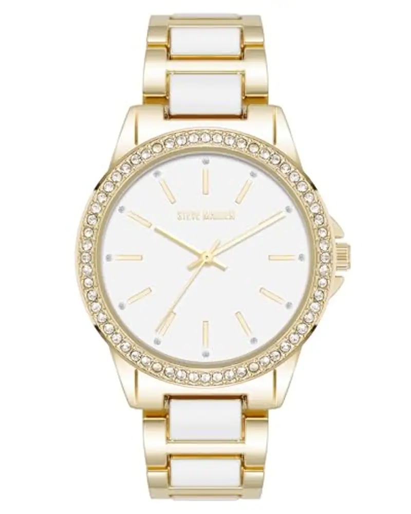 Steve Madden Orologio da donna con cinturino in vero cristallo, Bianco/Oro