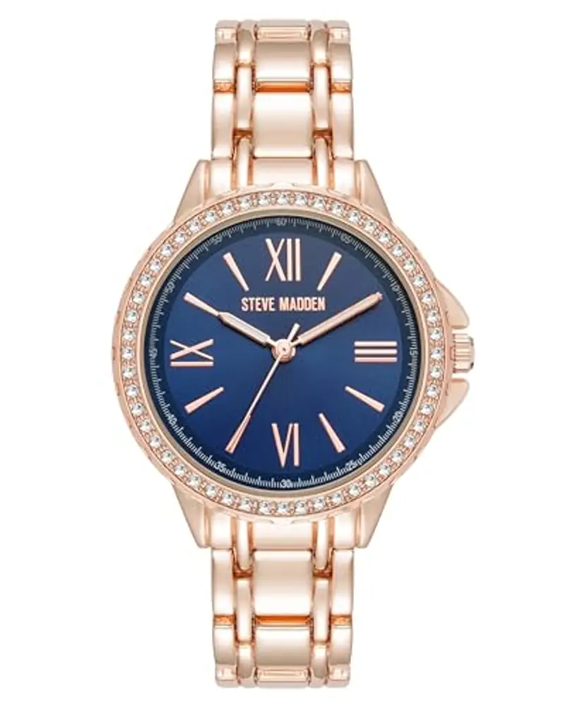 Steve Madden Orologio da donna con cinturino in vero cristallo, Blu navy/Oro rosa