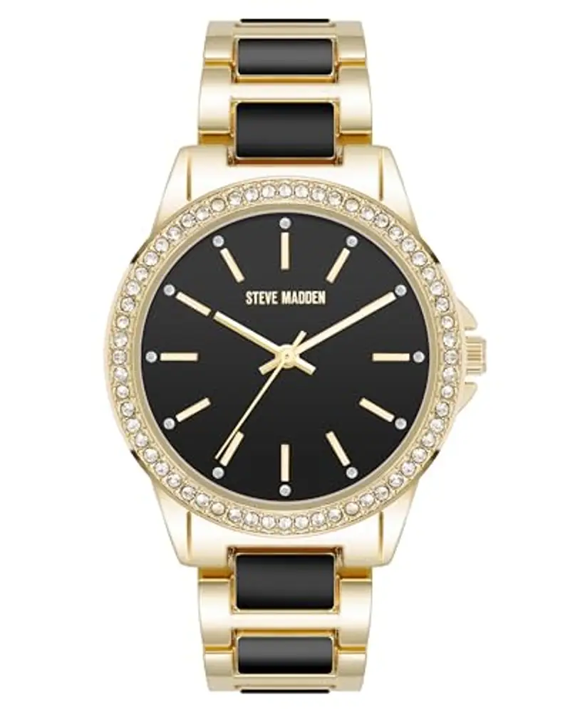 Steve Madden Orologio da donna con cinturino in vero cristallo, Nero/Oro