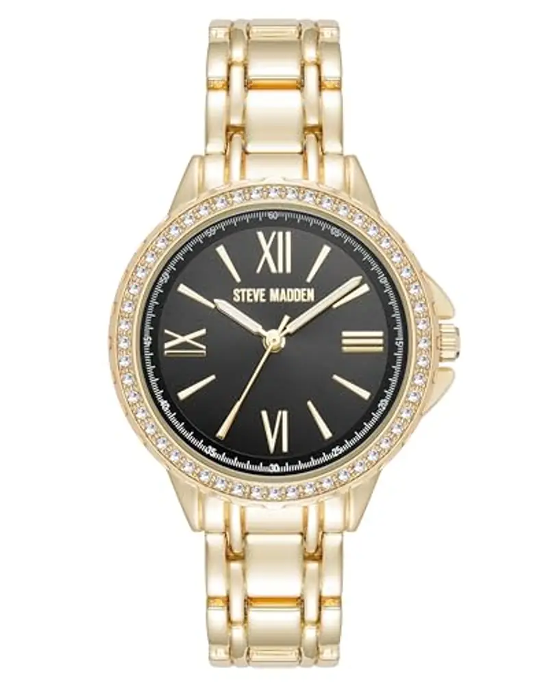 Steve Madden Orologio da donna con cinturino in vero cristallo, Oro/Nero