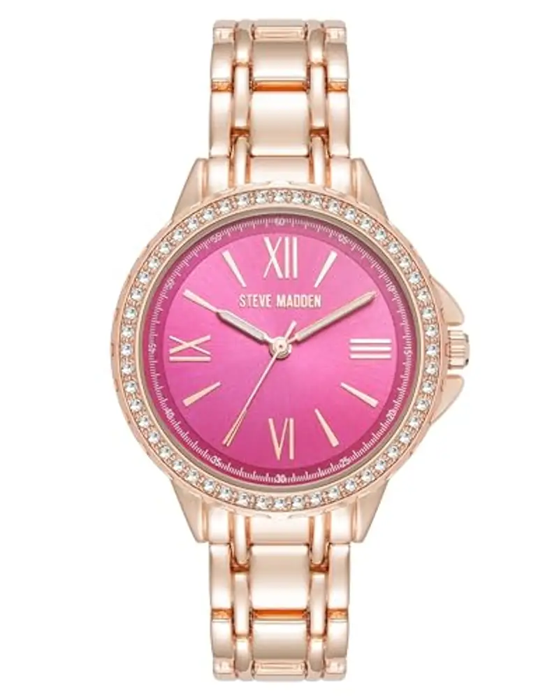 Steve Madden Orologio da donna con cinturino in vero cristallo, Rosa shocking/Oro rosa
