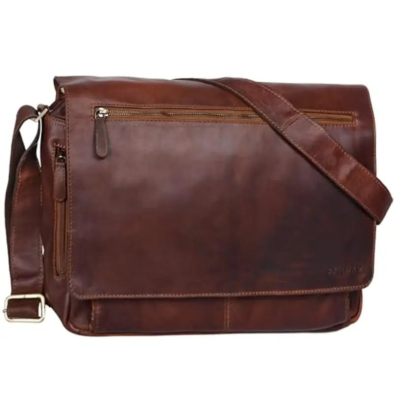 STILORD 'Jan' Borsa per Computer in Pelle Messenger per PC a Tracolla per Università Ufficio vintage in vero Cuoio Uomo Donna, Colore:cognac marrone scuro