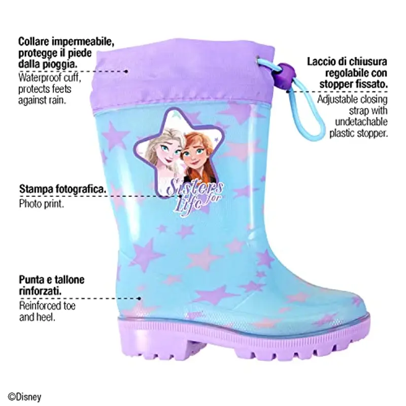 Stivaletti Pioggia Bambina con Anna Elsa Frozen - Stivali Disney Gomma Celeste e Lilla con Stelle - Galosce per Bimba miniatura 3