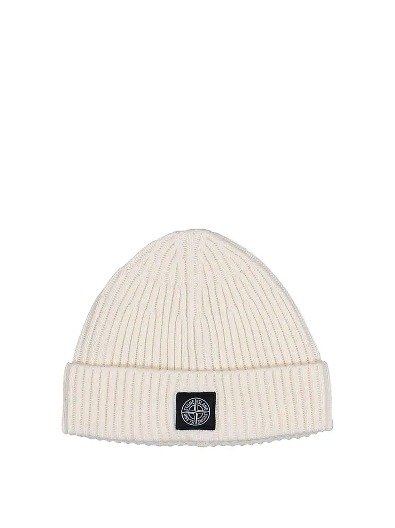 Beanie avorio in lana con logo Bianco