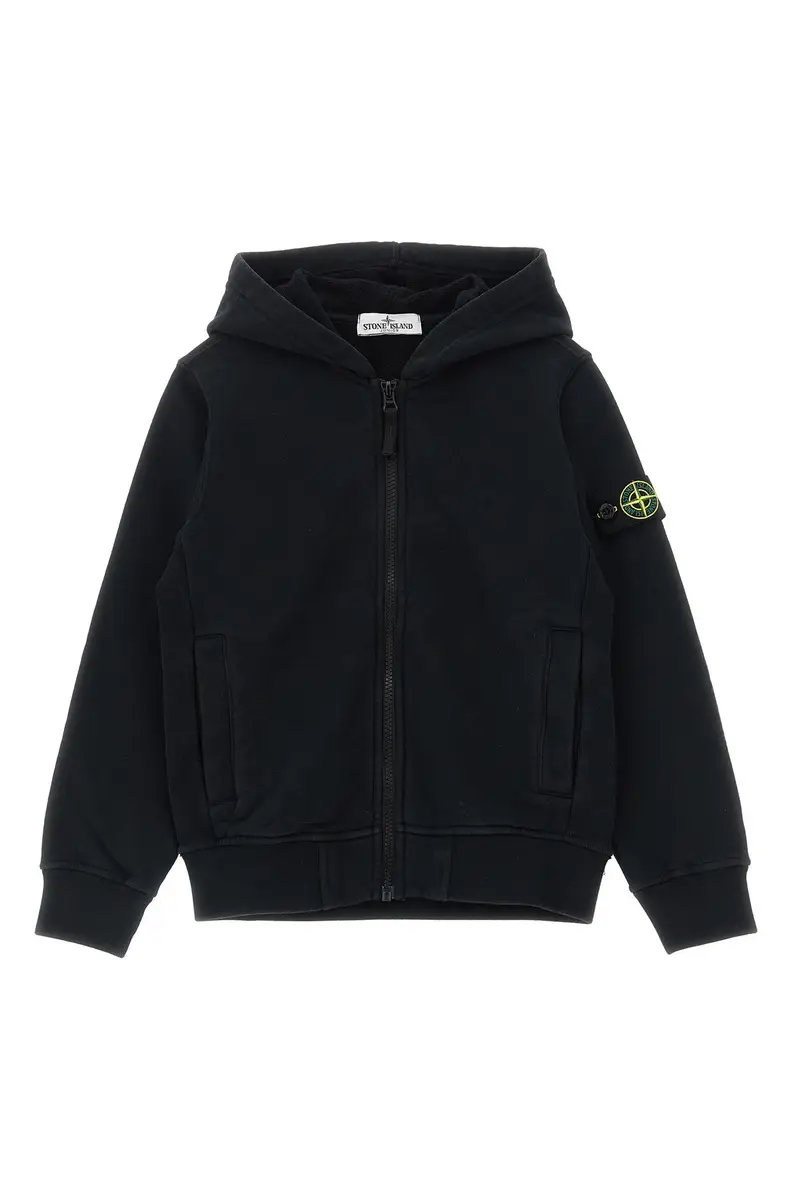 Stone Island Junior Felpa con Cappuccio Nero in Cotone
