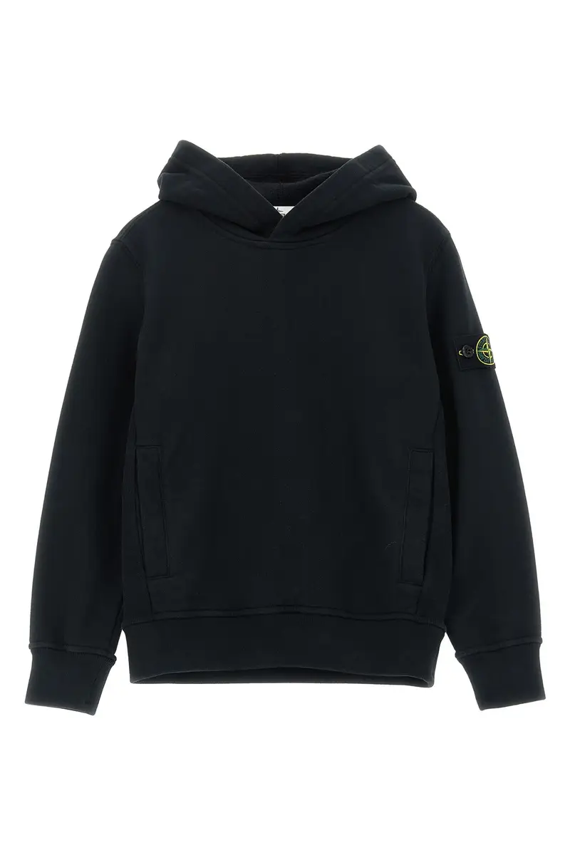 Stone Island Junior Felpa con Cappuccio Nero in Cotone Garzato