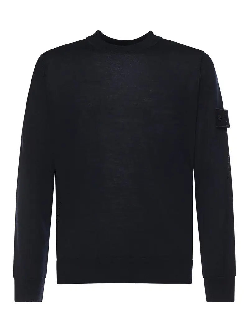 Maglione Girocollo In Lana Con Logo Blu