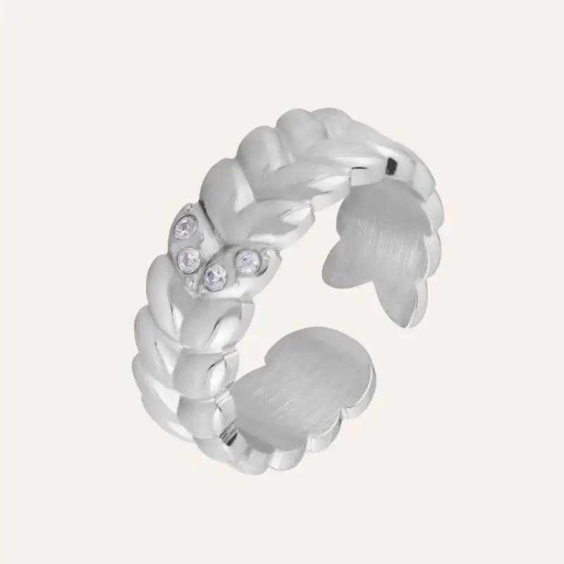 Anello Fascia Lady Chic Acciaio Foglie e Cristalli