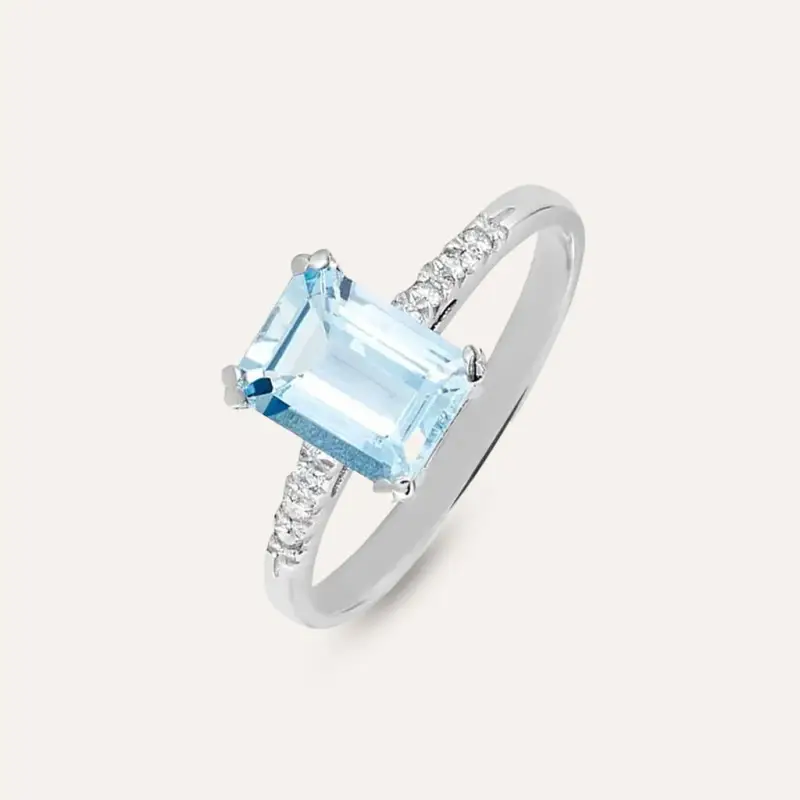 Anello Solitario Acquamarina Oro Bianco Acquamarina Diamante