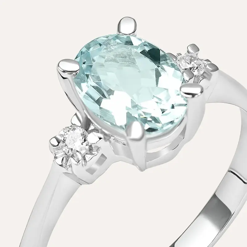 Anello Solitario Acquamarina Oro Bianco Acquamarina Diamante miniatura 2
