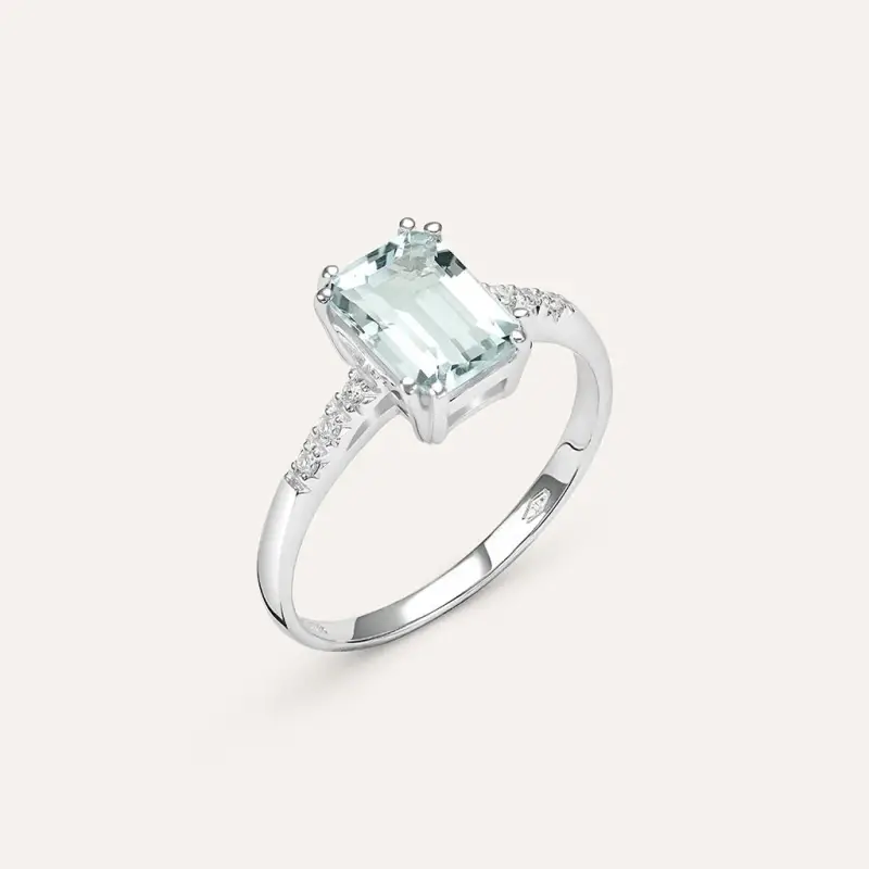 Anello Solitario Acquamarina Oro Bianco Acquamarina Diamante