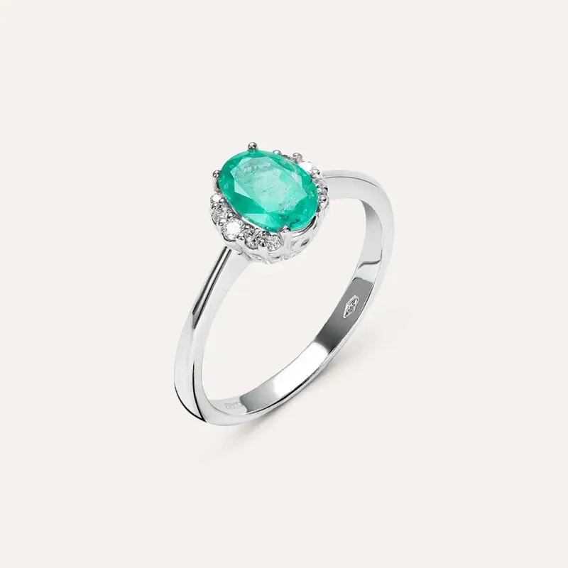 Anello Solitario Elizabeth Crown Oro Bianco Smeraldo Diamante