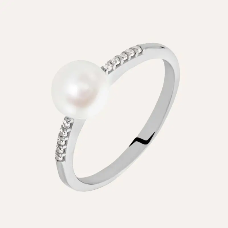 Anello Solitario Gabrielle Oro Bianco Perla D Acqua Dolce Cubic Zirconia