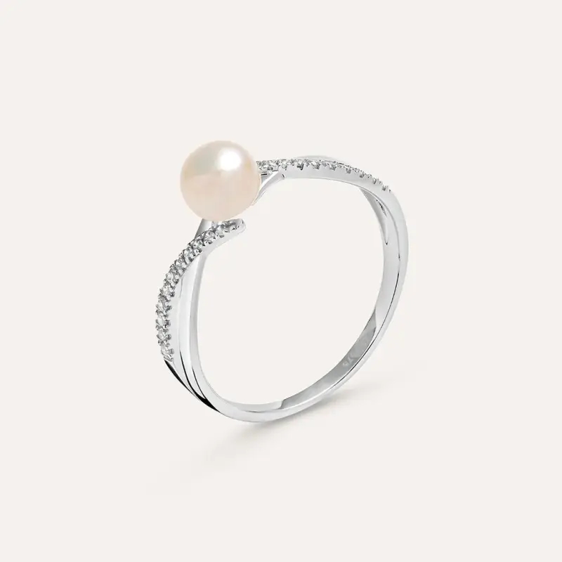 Anello Solitario Gabrielle Oro Bianco Perla D Acqua Dolce Cubic Zirconia