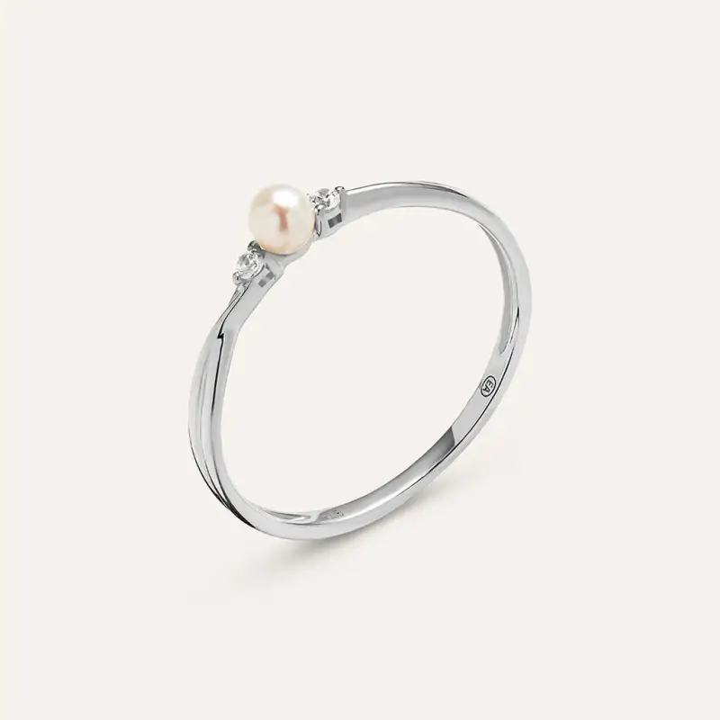 Anello Solitario Gabrielle Oro Bianco Perla D Acqua Dolce Cubic Zirconia