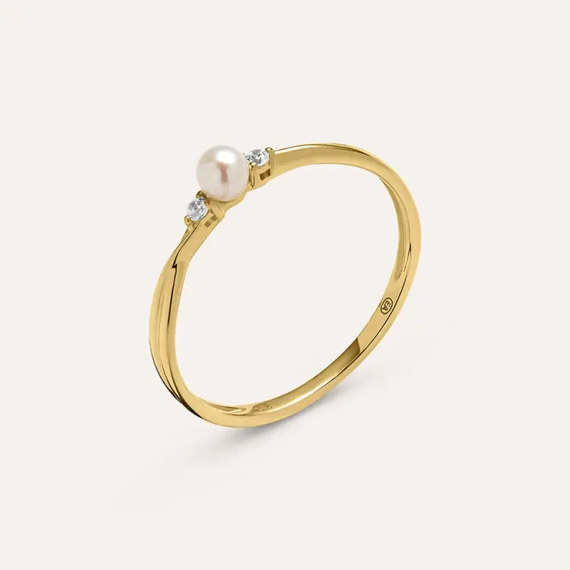 Anello Solitario Gabrielle Oro Giallo Perla D Acqua Dolce Cubic Zirconia