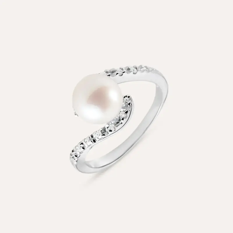 Anello Solitario Gold Pearls Oro Bianco Perla D Acqua Dolce Diamante