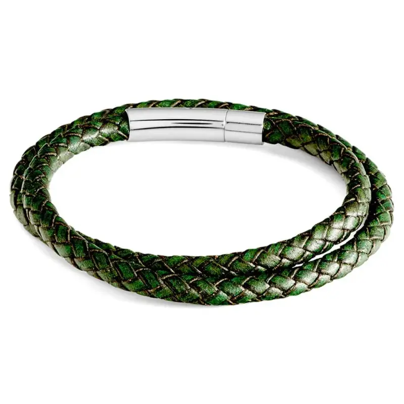 Bracciale in acciaio e pelle verde