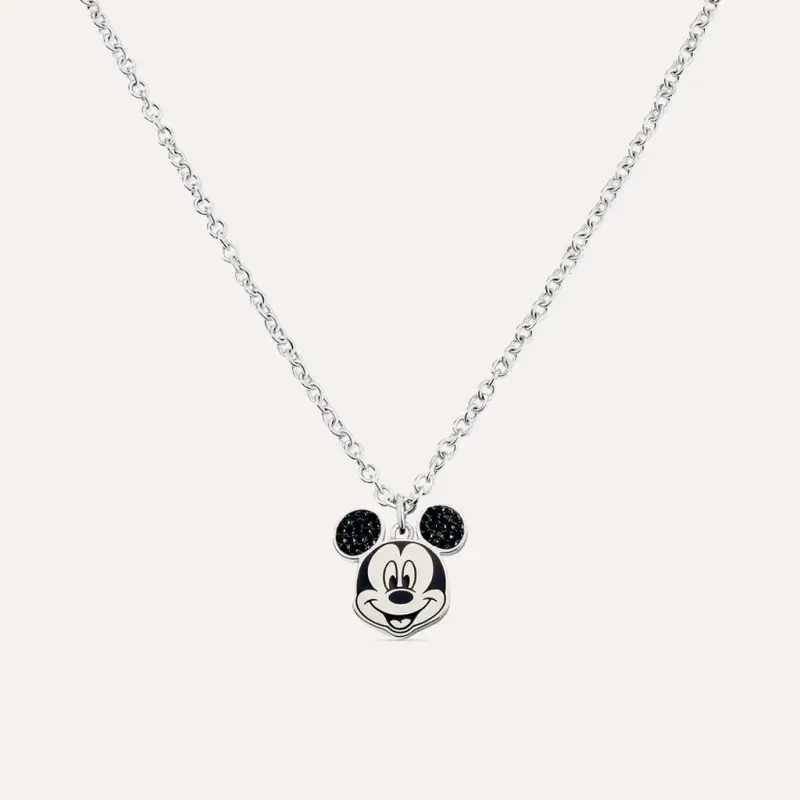 Collana in acciaio con viso di Topolino e strass neri