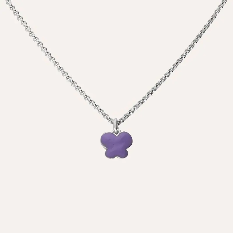 Collana in argento rodiato e smalto viola con simbolo farfalla
