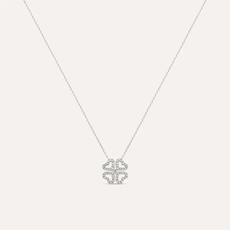 Collana in oro bianco e diamanti 0 14 ct con ciondolo Quadrifoglio