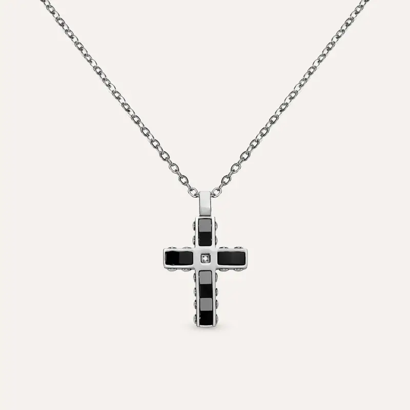 Collana Man Code Acciaio Bicolore Bianco / Nero Cubic Zirconia