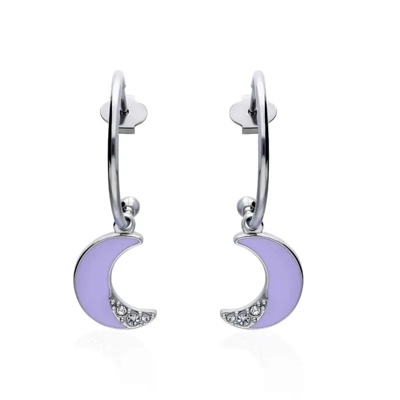 Orecchini a cerchio con luna lilla pendente in acciaio e strass